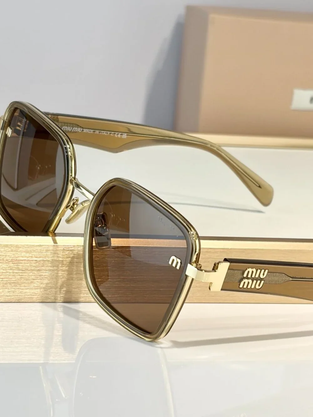 Miu Miu Oversized Square Sunglasses Brown Lenses Gold Olive Frame Women’s